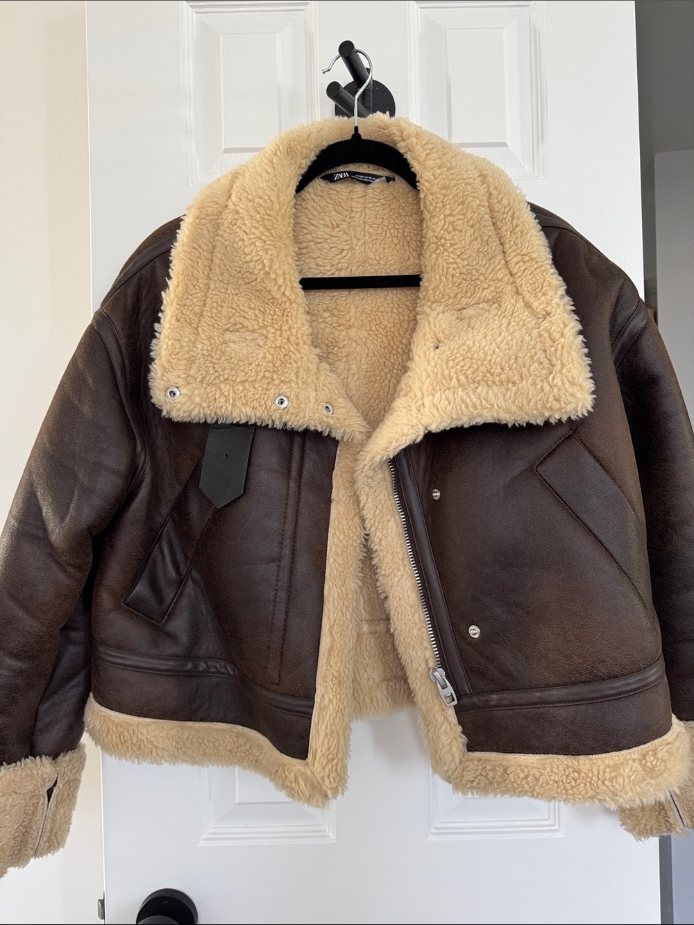 Zara Faux Brown Leather Aviator Jacket with Cream Sherpa Interior
